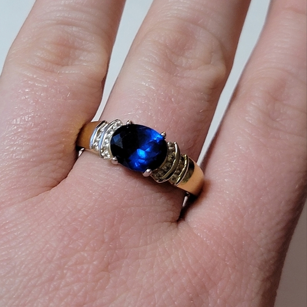 Oval Cut Blue Sapphire and Diamond Simulated Stone Ring Size 12.5 Gold Tone - Picture 6 of 10
